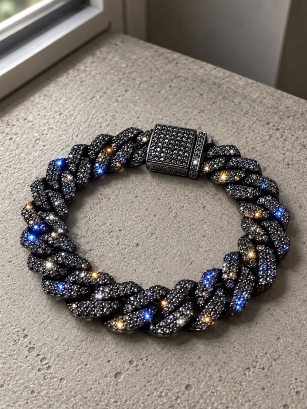14mm Black Iced Out Cuban Link Bracelet 8in Simulated Black Diamond Hip Hop Mens